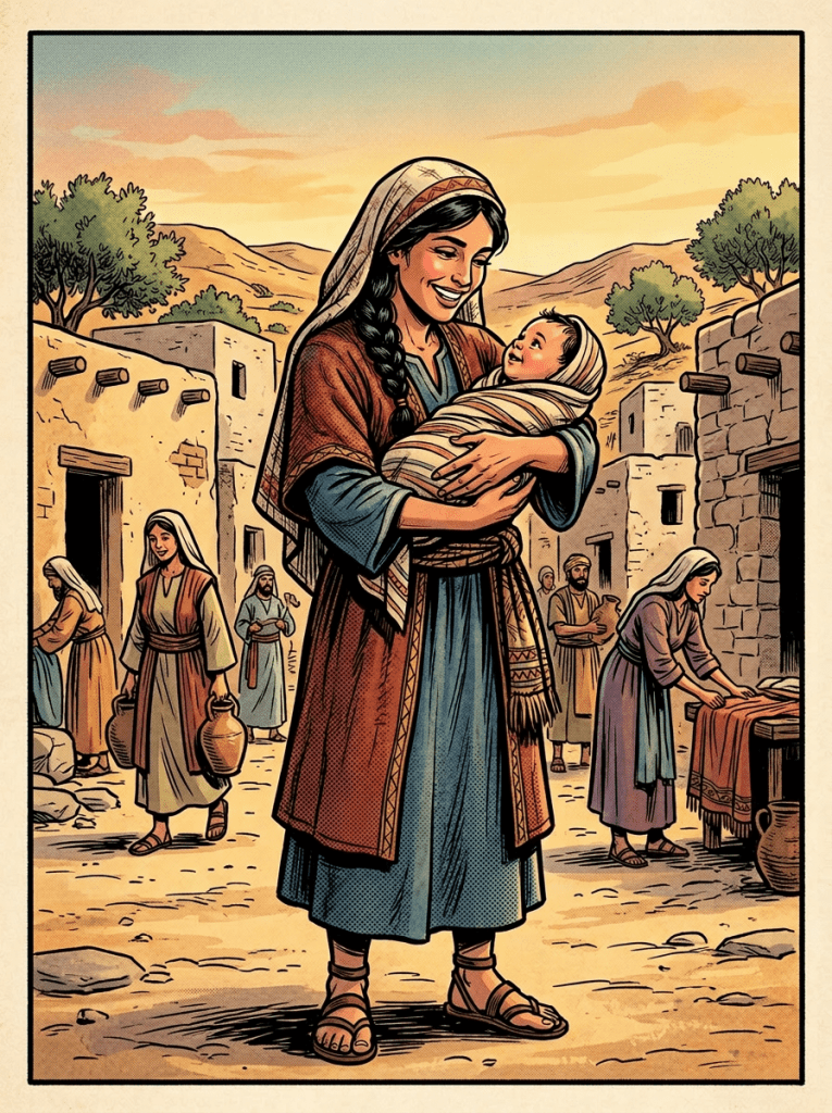 A smiling mother in traditional ancient clothing holding a wrapped baby in a village courtyard with people around carrying jars and working