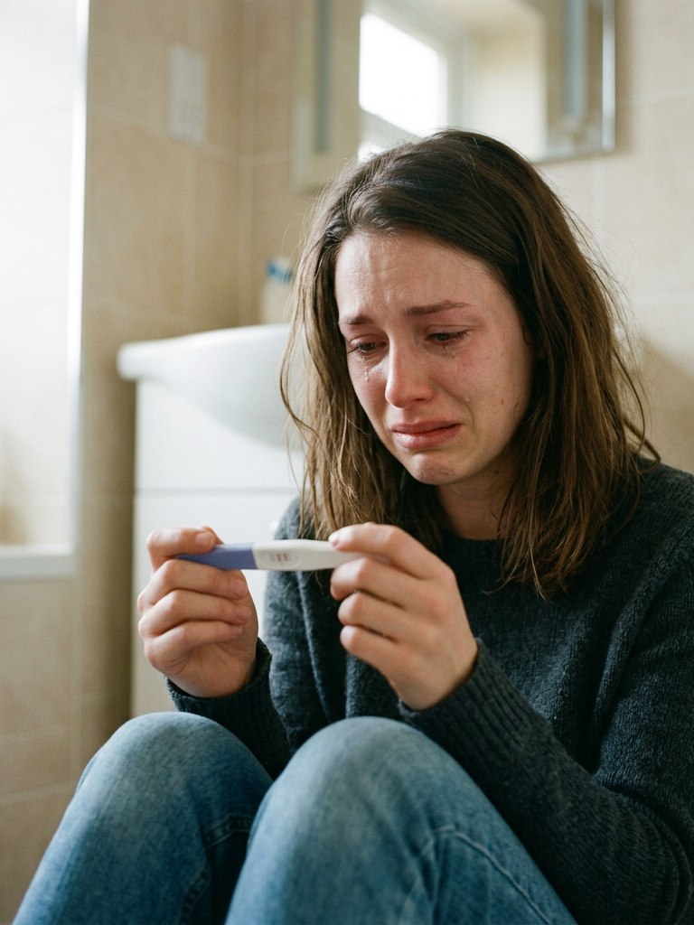 Woman sitting on bathroom floor crying while holding pregnancy test