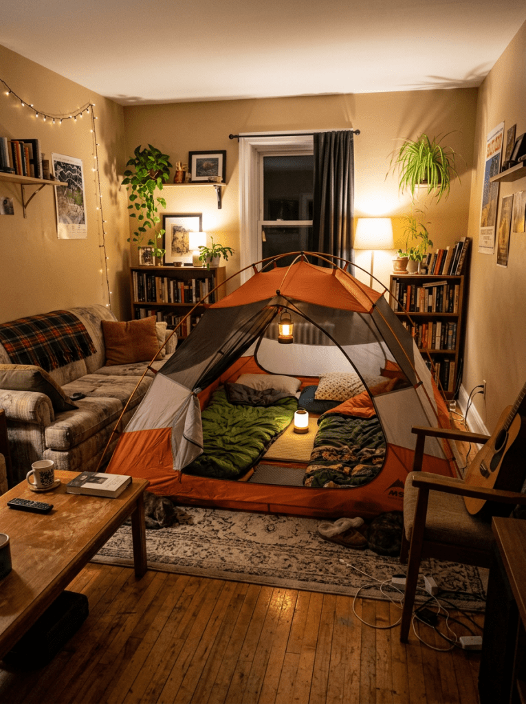 Orange and gray camping tent set up inside a living room with bedding and lanterns inside