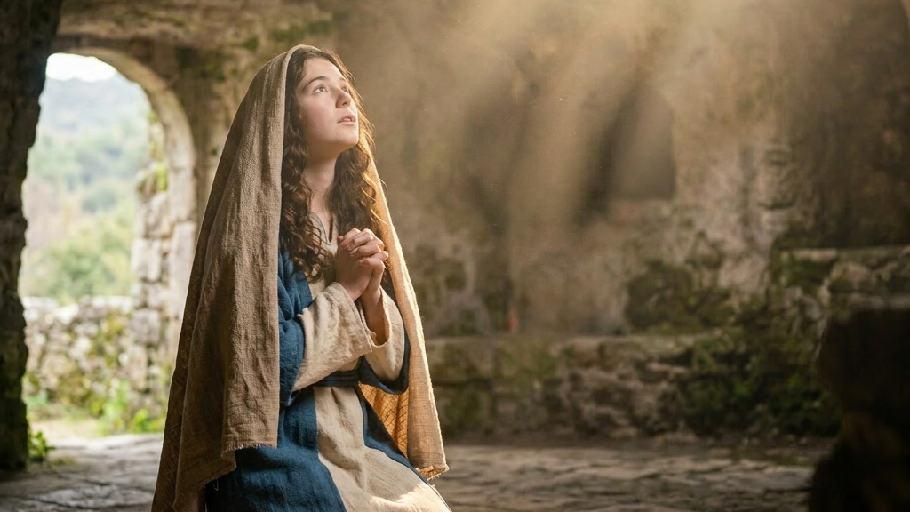 Young woman kneeling and praying inside a cave with rays of light shining through an opening