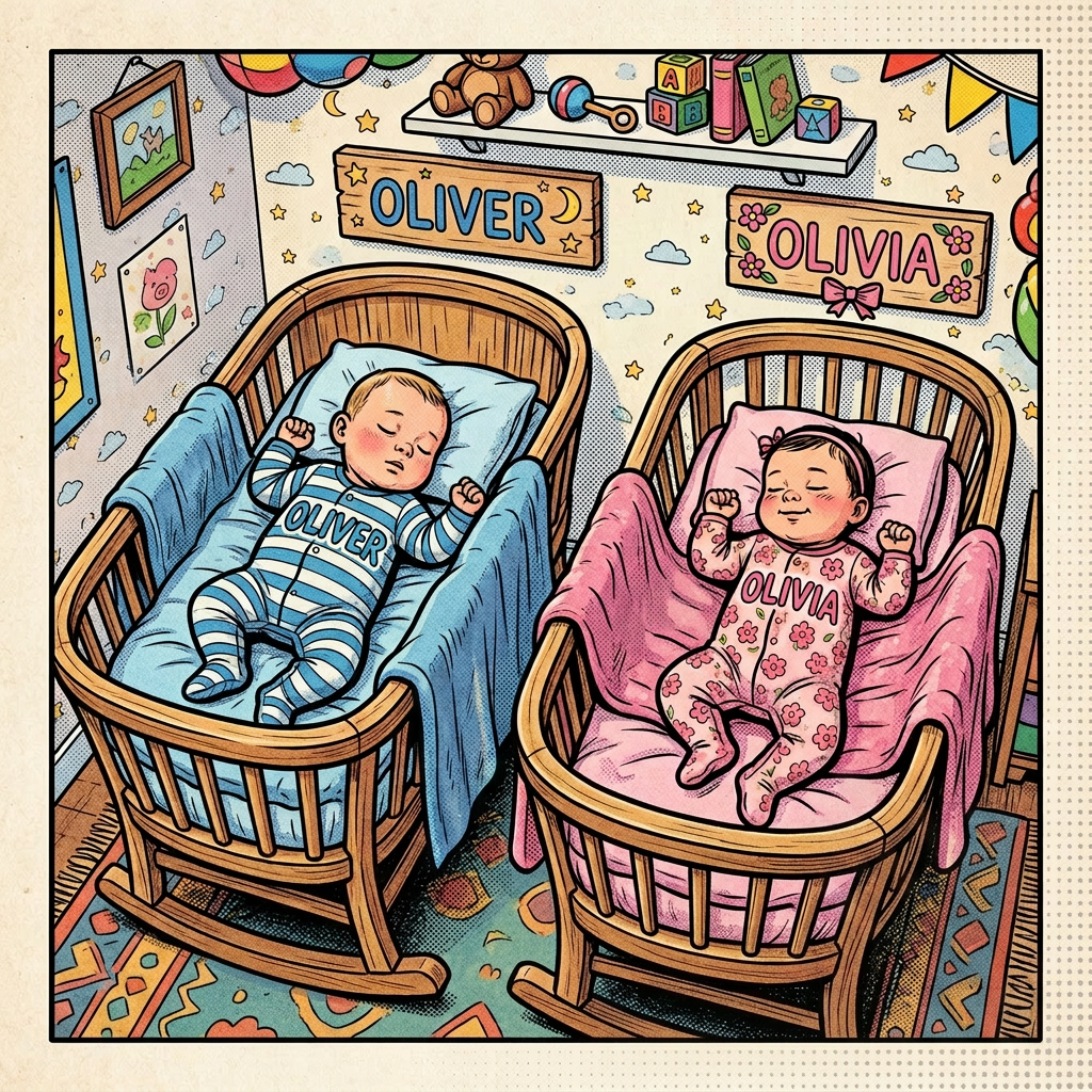 Twin babies sleeping in adjacent wooden cribs labeled Oliver and Olivia