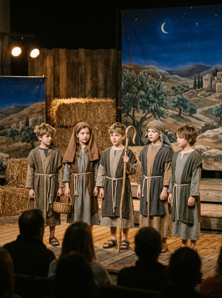 Five children in biblical costumes standing on stage during a nativity play with a painted night landscape backdrop and hay bales