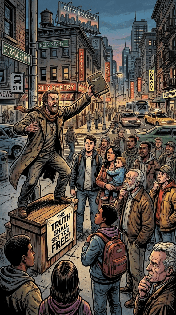 A man standing on a wooden box holding a Bible and preaching to an attentive crowd on a city street.