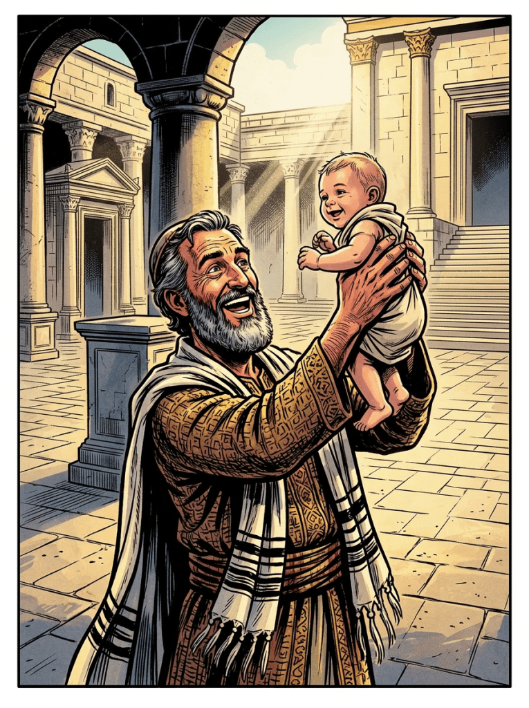Elderly man holding a happy baby in an ancient temple with a golden menorah and crowd