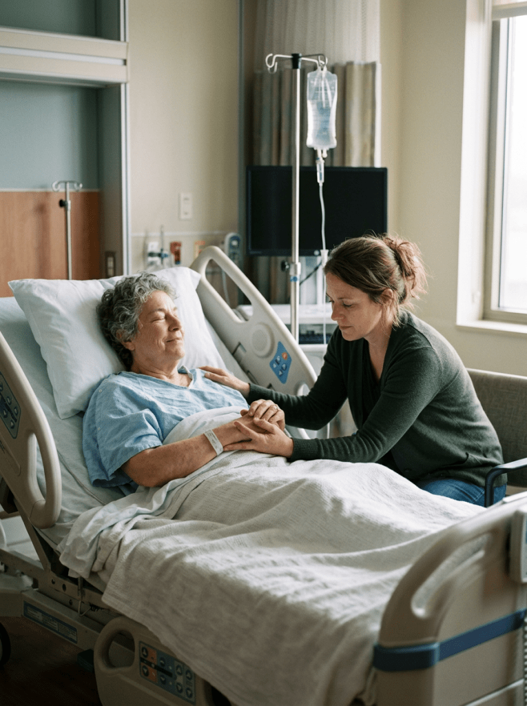Woman holding the hand of a patient resting in a hospital bed