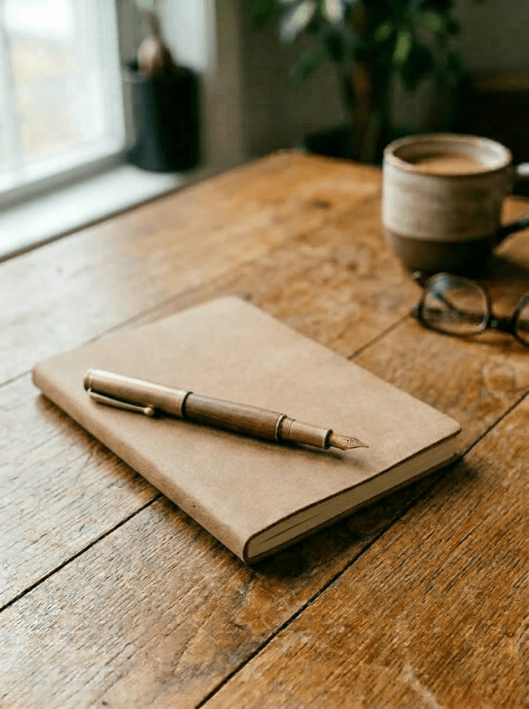 Stack of vintage journals with titles JOURNAL - 2023, NOTES & THOUGHTS, REFLECTIONS 2022 and a wooden fountain pen on top