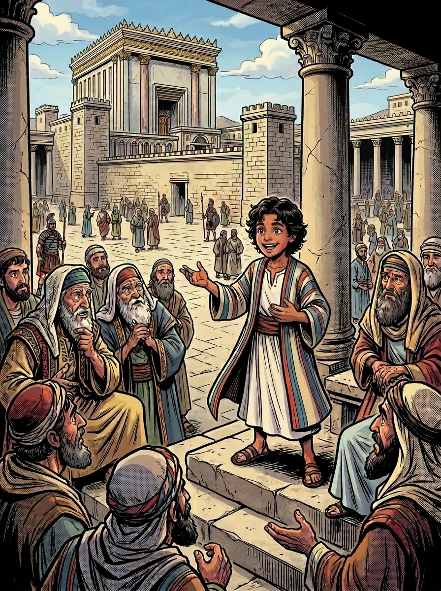 Child teaching scriptures in Jerusalem temple Boy teaching scriptures to elders at Jerusalem Temple Court in A.D. 7