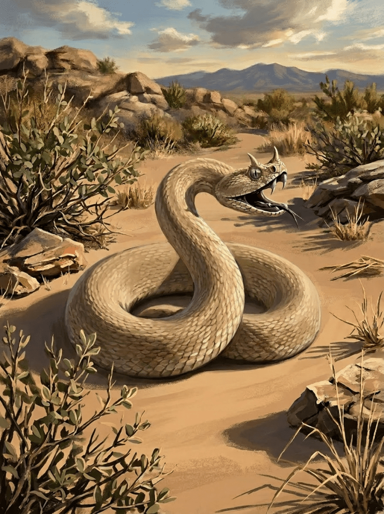 Coiled rattlesnake with open mouth in desert terrain with rocks and bushes