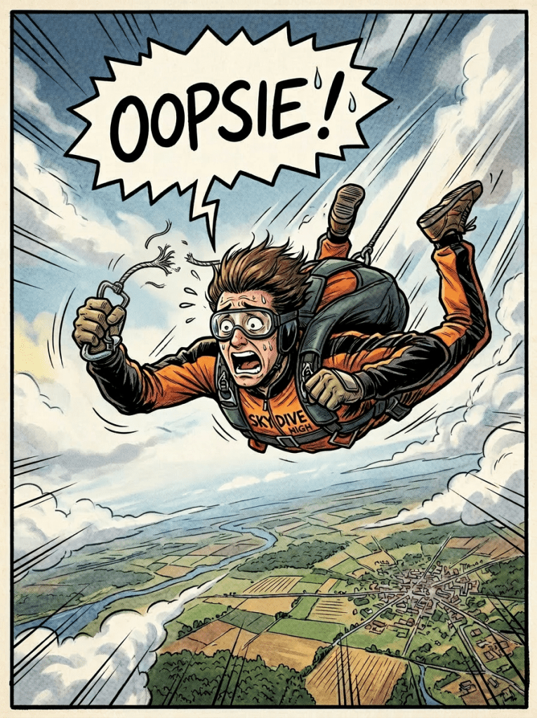 Skydiver in orange suit falling with broken parachute cord, saying 'OOPSIE!'