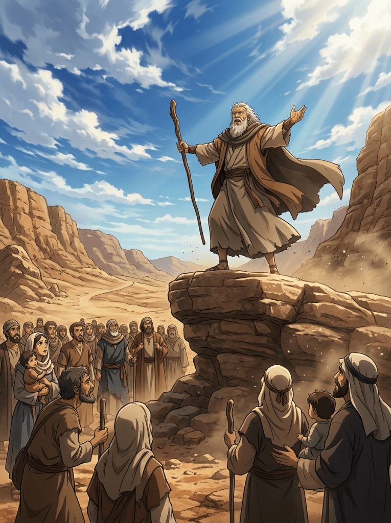 An elderly man with white hair and beard stands on a rock holding a staff, speaking to a group of people in a desert landscape.