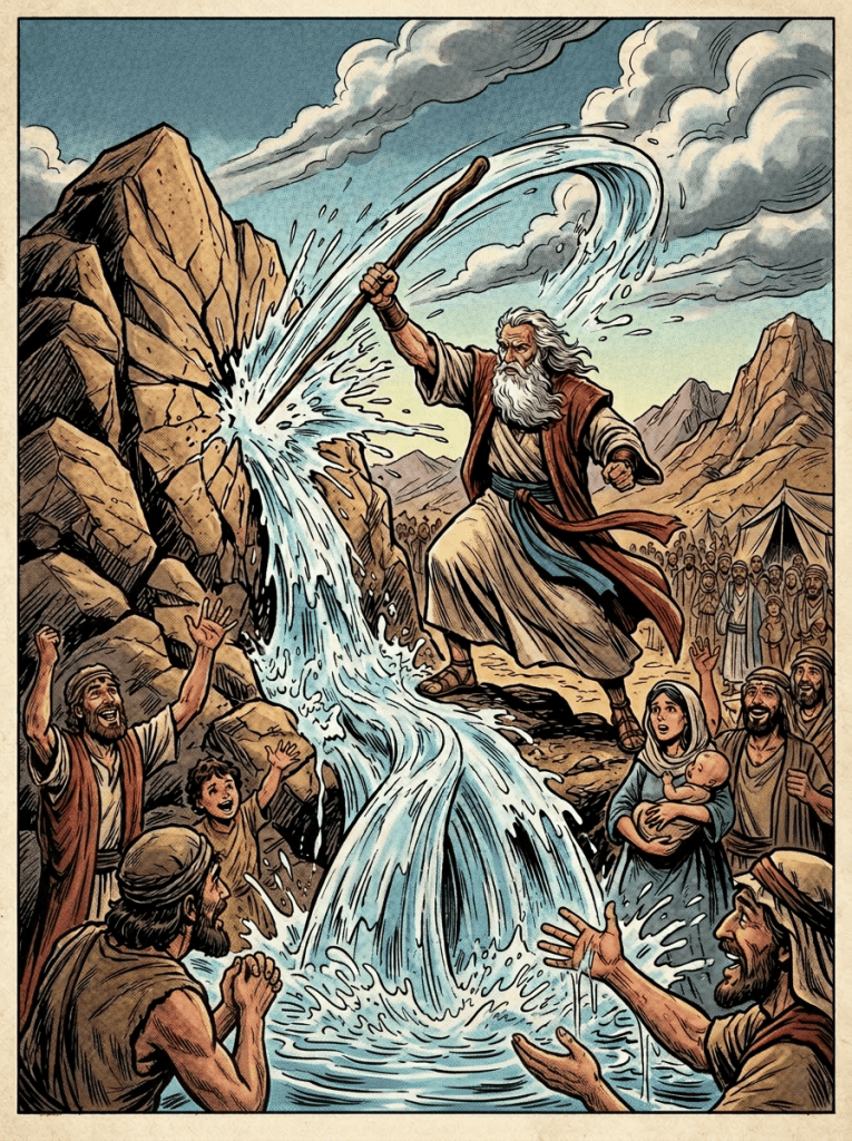 Moses striking a rock with a staff, water flowing out as people gather with containers to collect it