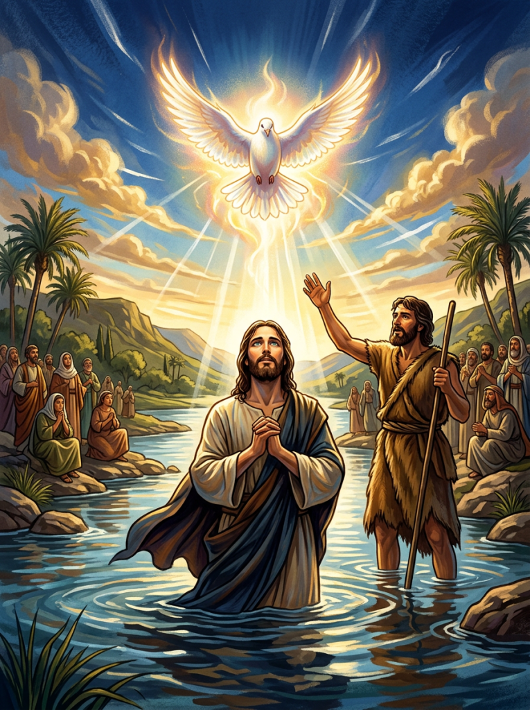 Jesus being baptized in a river with a dove descending and glowing above, people watching from the shore