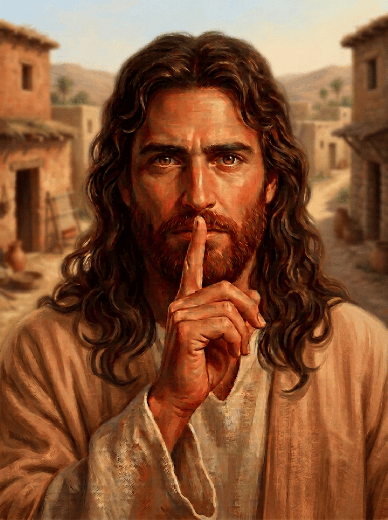 Man with beard and long hair holding finger to lips in gesture of silence