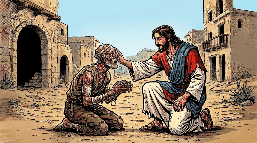 Jesus touching a kneeling leper’s face, healing him amidst onlookers