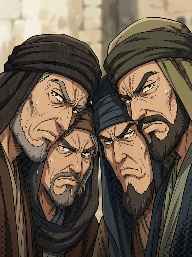 Four Middle Eastern men wearing headscarves with intense and serious expressions, some sweating