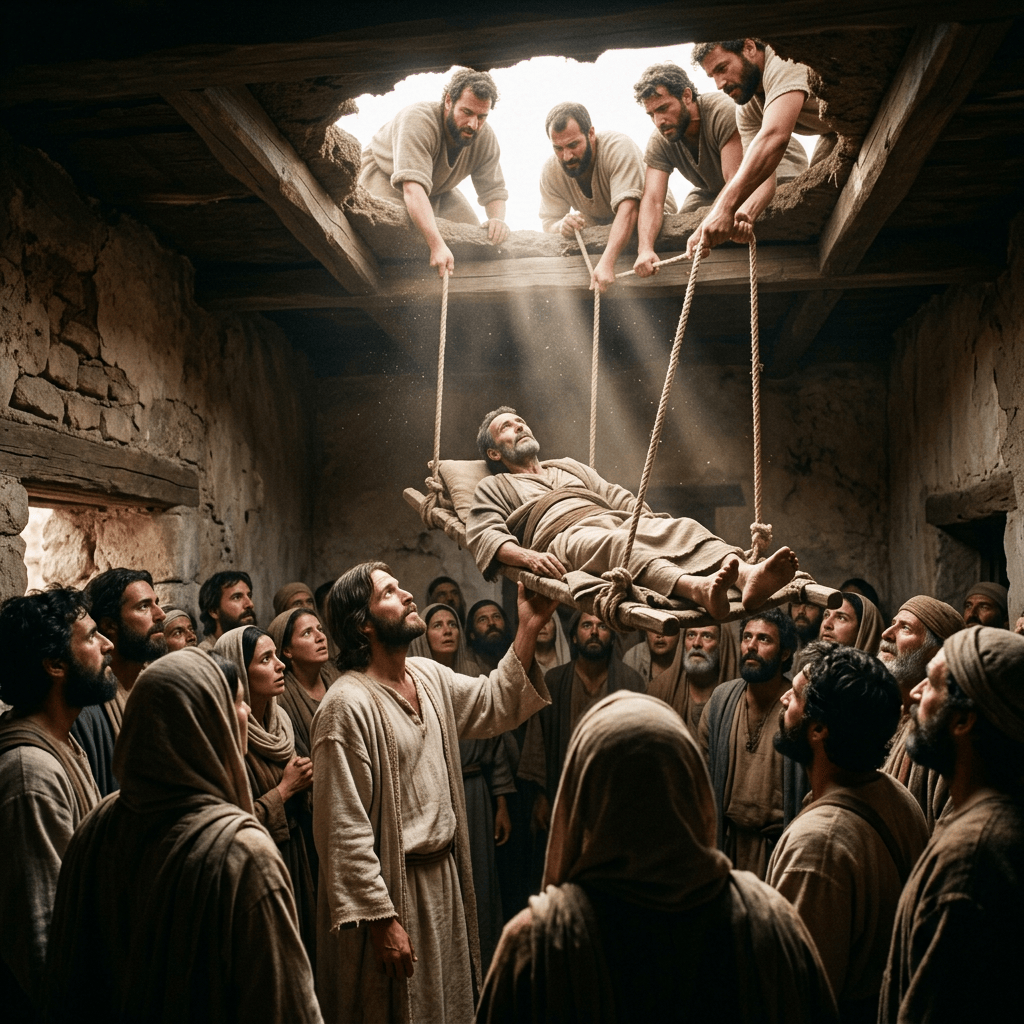 A man on a stretcher being lowered through a roof opening with a group of people looking up