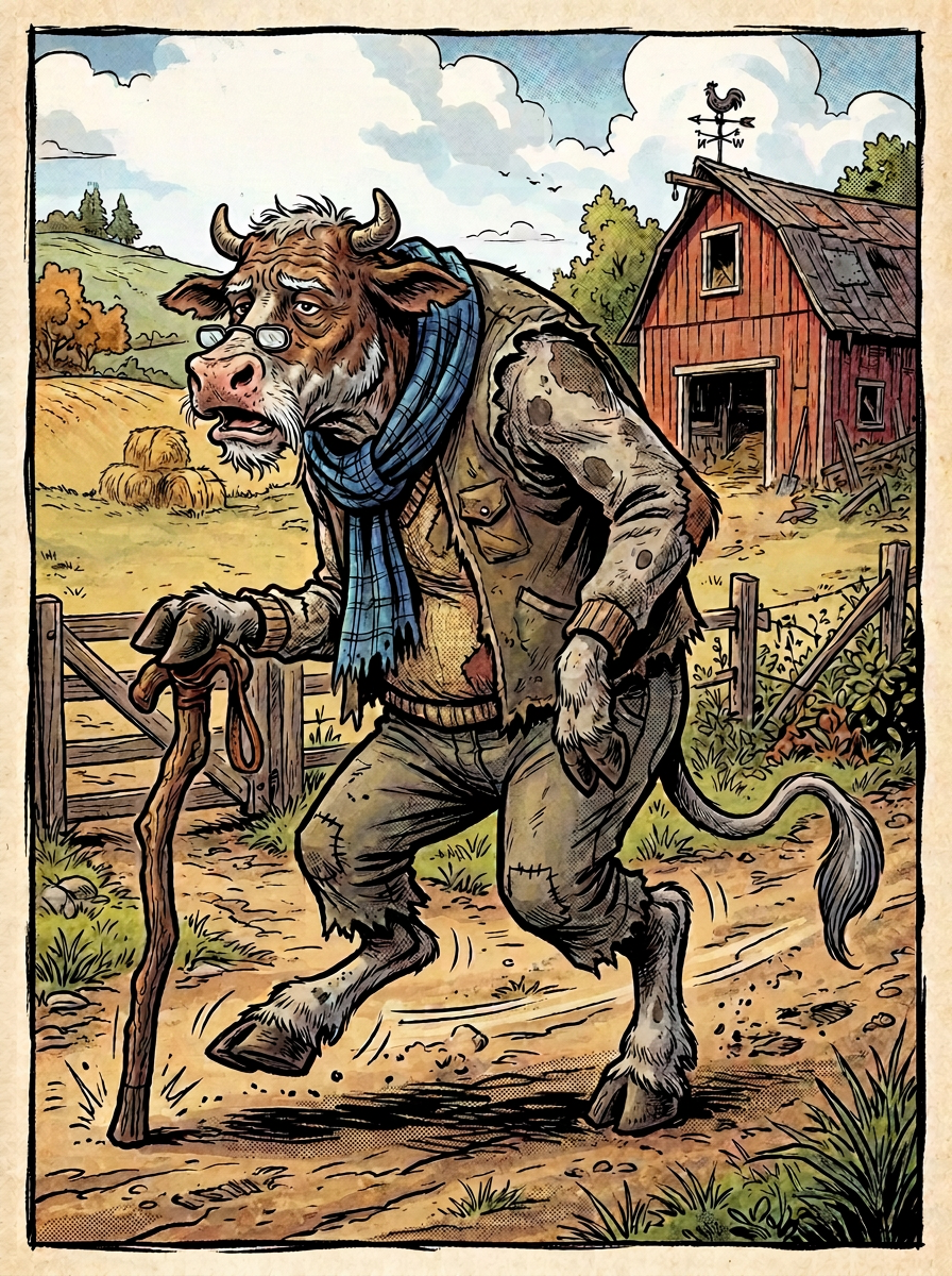 Bespectacled cow in blue scarf walking with a cane at Old Creek Farm