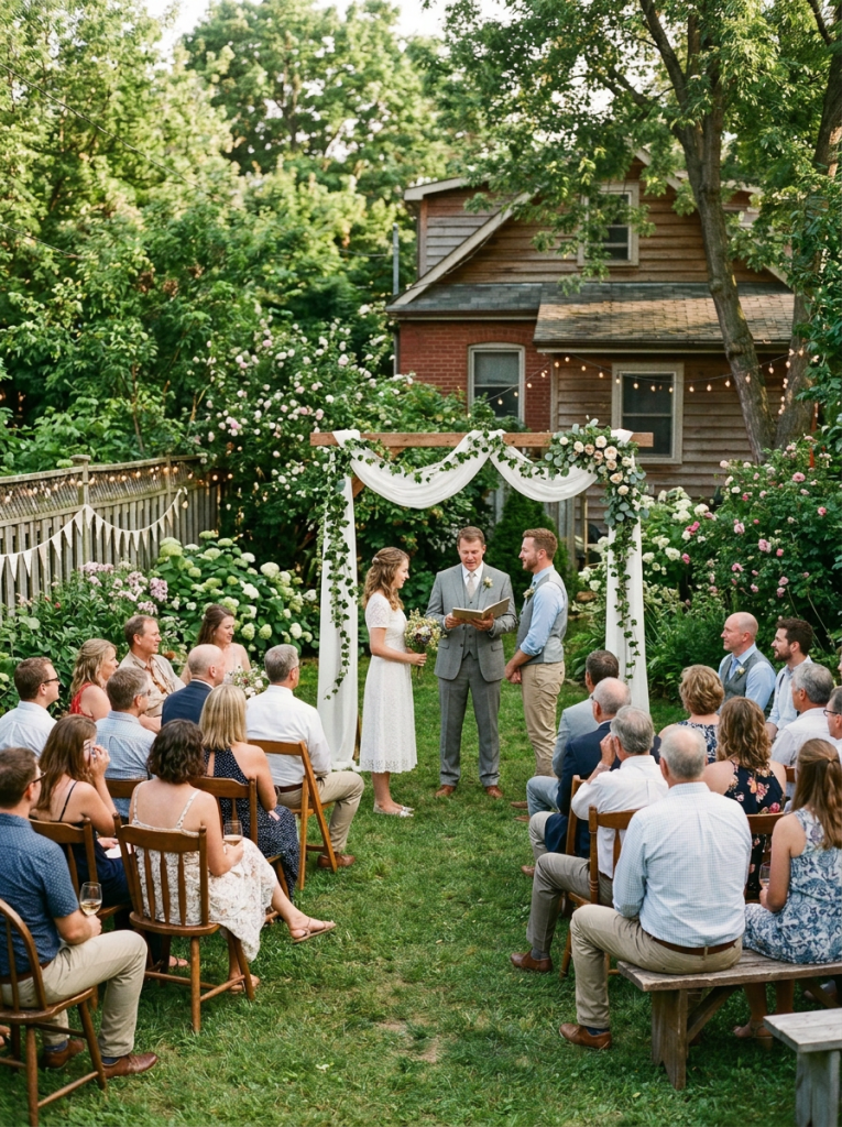 Couple standing beneath a floral wedding arch during an outdoor ceremony