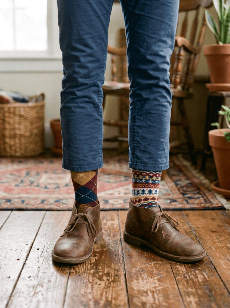 Person wearing colorful patterned socks, rolled trousers, and brown leather boots